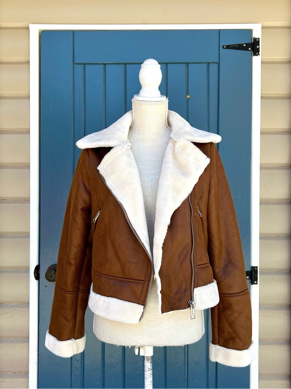NWT VIGOSS Faux Leather Shearling Aviator Jacket Brown/Cream Women’s Size Small